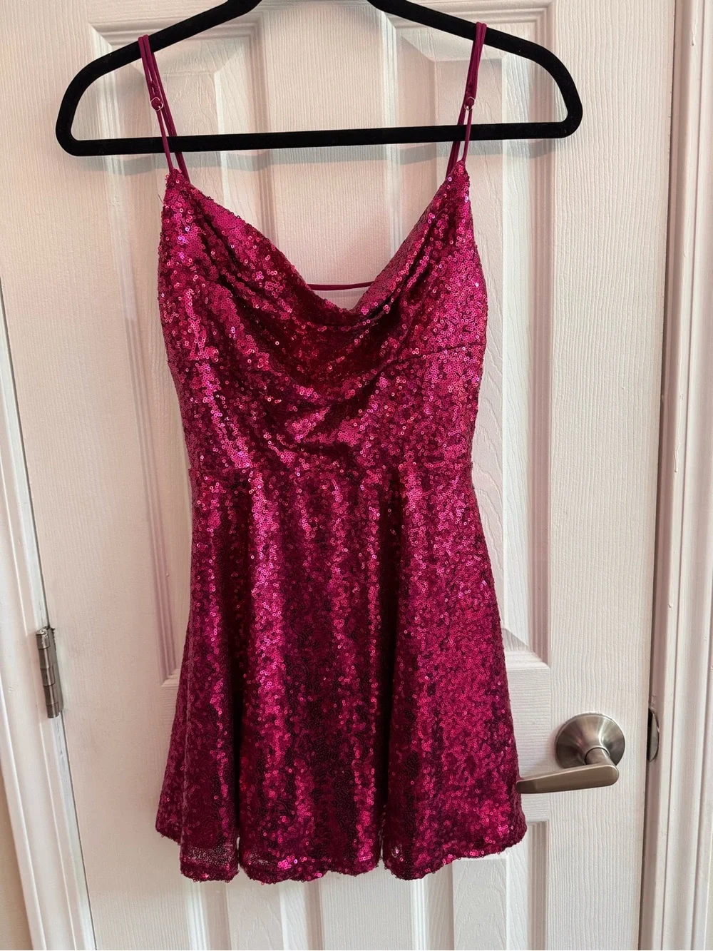 LUCY IN THE SKY Hot Pink Sequin Cowl Neck Mini Dress Size Small - Picture 3 of 6